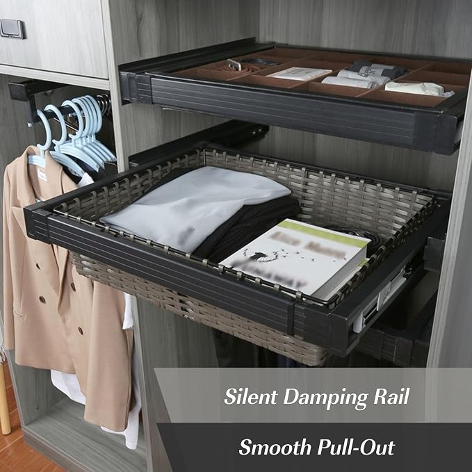 Pull Out Drawer Organizer Containers,Rattan Stackable Basket Storage Rack,Slide Out Pantry Shelves,Can Store Office Supplies Clothes and Tableware(27.55-31.49in)
