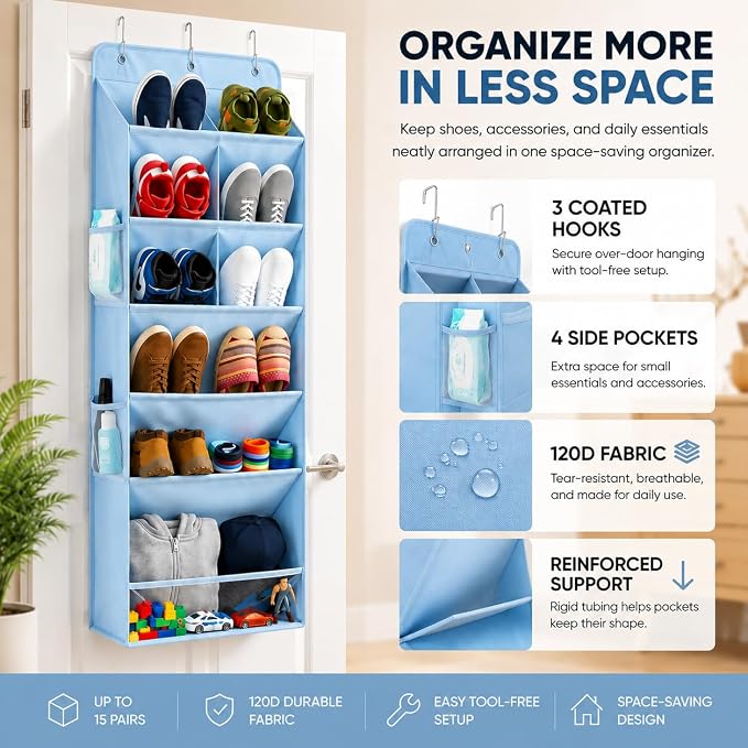HOMELUX THEORY Hanging Shoe Organizer for Closet, 6 Tier Over the Door Shoe Organizer 120D Extra Thick with Deep Pockets, Shoe Rack for Closet & Entryway, with 4 Side Storage Pockets (Light Gray)