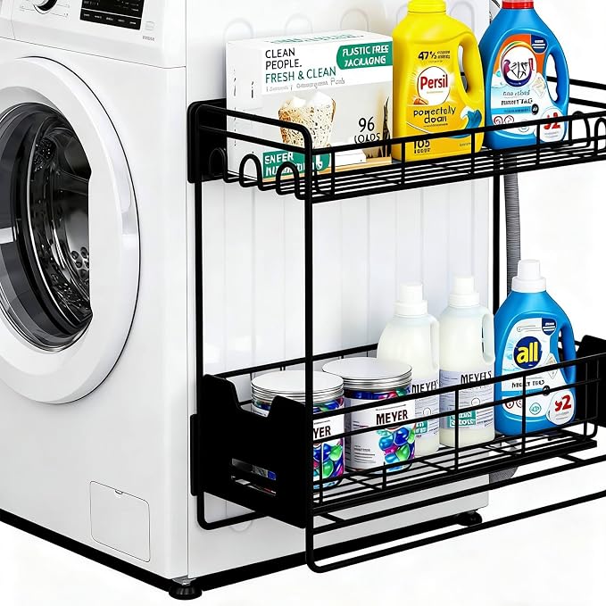 Magnetic Shelves for Washing Machine with Pull Out Shelf, Black Magnetic Sliding Racks for Side of Fridge, Magnetic Laundry Shelf with 5 Hooks, Magnet Laundry Room Organizer