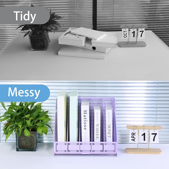 Desk Organizers Metal Magazine File Holder Racks Desktop Folder Storage Binder Organiser Document Organization for Home Office & Classroom,5 Vertical Compartments-Purple