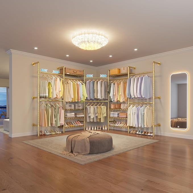 Timate L5 Expandable Wall Mounted Clothes Rack for Corner, L Shape Heavy Duty Industrial Pipe Clothing Rack with 8 Adjustable Shelves & 4 Hanger Rods, Closet System for Hanging Clothes, Gold