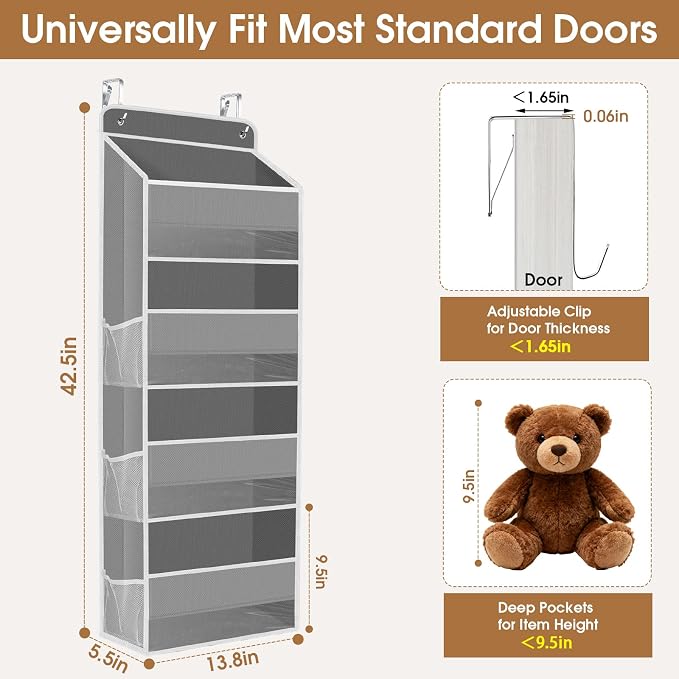 WISELIFE Over The Door Organizer Storage with 4 Large Pockets Door Hanging Organizer with Clear Windows behind The Door Storage for Nursery Bedroom Bathroom Pantry Closet and Baby Essentials Grey