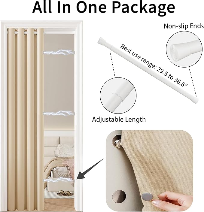 Vatge Doorway Curtains with Rod and Magnetic Closure, Door Curtains for Doorways, 80 Inch Drapes for Closet Door/Living Room/Laundry/Pantry, 1 Panel, W42 x L80, Beige