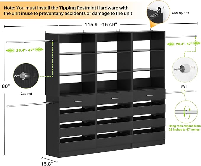 Aheaplus Closet System with 12 Drawers, 8.5-11.5Ft Wood Closet Organizer System with 4 Hanging Rods & 3 Towers, 4Ft & 6Ft L-Shaped Walk-in Closets Wardrobe Organizer Clothes Rack, Set of 3, Black