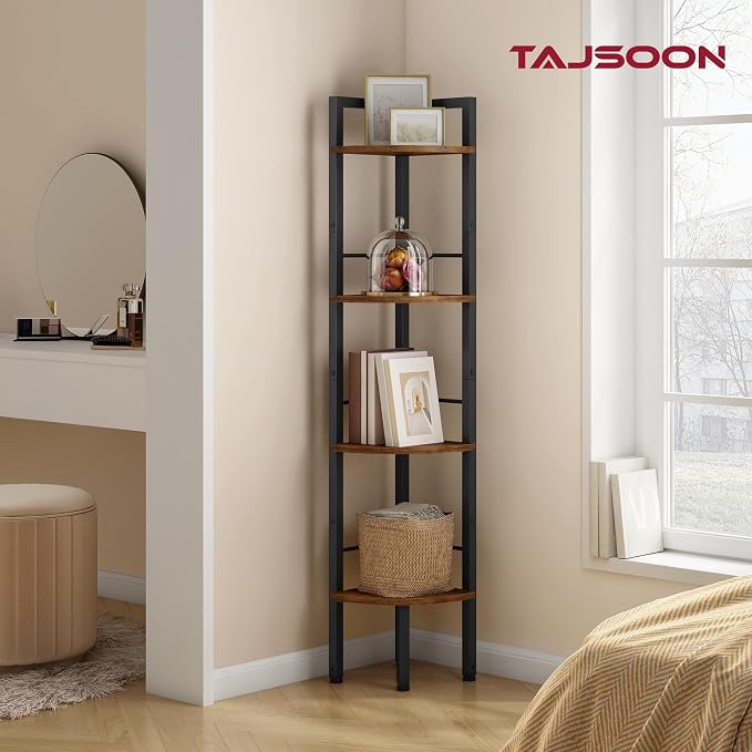 Tajsoon Tall Corner Book Shelf 4 Tier 48" Multipurpose Corner Standing Shelf with Metal Frame, Bedroom, Living Room, Office, Kitchen, Rustic Brown