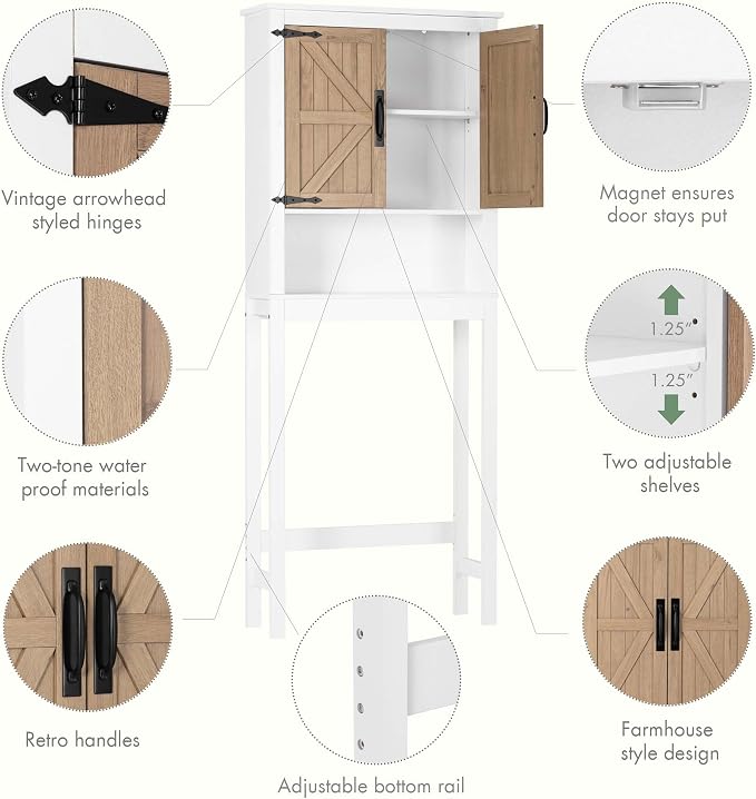 Spirich Over the Toilet Storage Cabinet with Wood-Grain Barn Doors, White | Adjustable Shelves, 33-Inch Toilet Clearance, Adjustable Bottom Rail, Anti-Tip Device, Farmhouse Style, FSC-Certified Wood