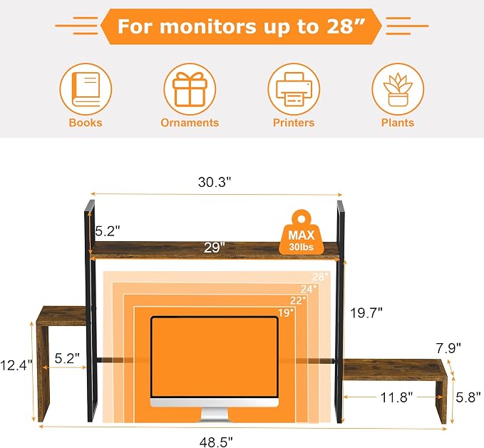 WelFurGeer LED Desk Shelf Organizer with RGB Light Strip, 2-Tier Desktop Shelf for Computer Monitor, Sturdy Metal Frame & Wood Shelves - Desk Hutch Bookshelf for Home Office, Dorm, Gaming (Brown)