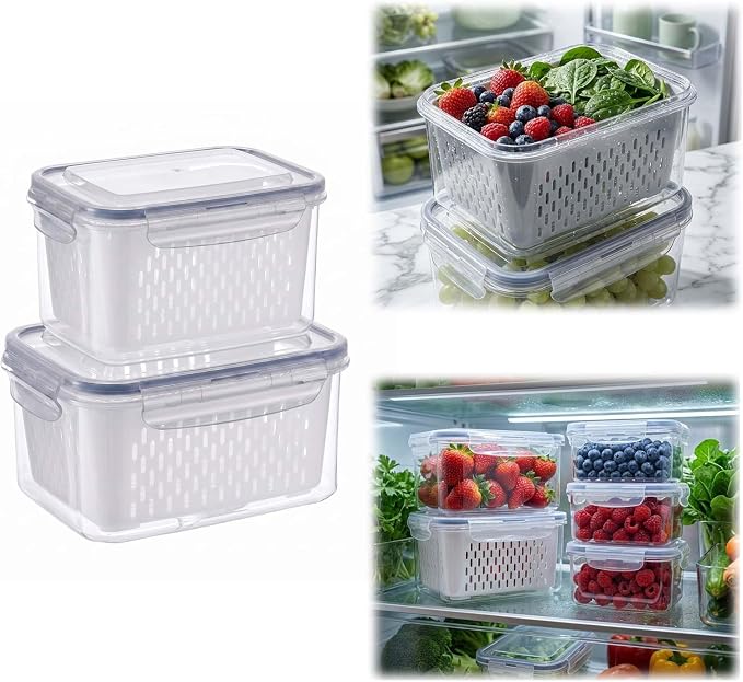 Fruit Storage Containers for Fridge with Removable Colander, Airtight Produce Storage Containers with Lids, Fridge Organizers and Storage for Berry, Fruit, Vegetables, Salad & Meal Prep (Gray, M+L)