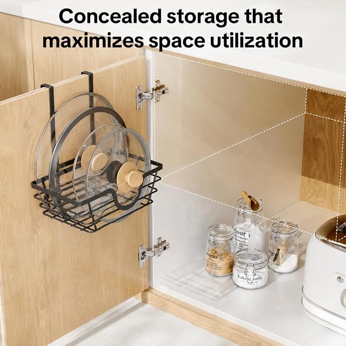 TIDIIABODE Pot Lid Organizer, Adjustable Kitchen Pot Lid Holder Inside Cabinet, Kitchen Cabinet Organizer Hanging for Food Storage Container, Pot, Pan Lid & Bakeware, Black, Small