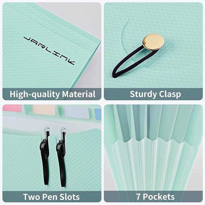 JARLINK 7 Pockets Expanding File Folder, A4 Accordion folders,Blue & Green | Accordion File Folders with 12 Labels, Portable Document Organizer for Home, College, School, and Office Supplies