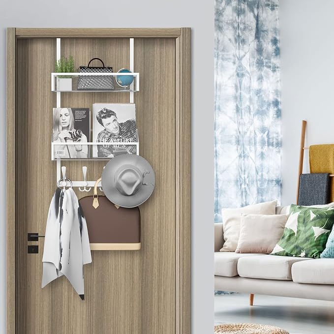 Kaiferty Over The Door Hooks Organizer, Coat Rack Over The Door Storage Hanger Towel Rack, Back of Door Storage Organizer for Bathroom,Bedroom,Kitchen,Office (White, 3-Tier)