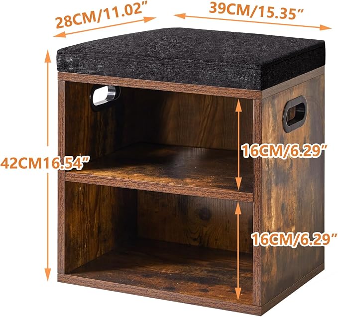 YMYNY Small Shoe Storage Bench with Cushion, Rustic Brown, HBD028H | 2 Tier Entryway Bench with Storage, Small Shoe Rack Bench with Adjustable Shelf for Entryway 11 x 15.3 x 16.5 Inches