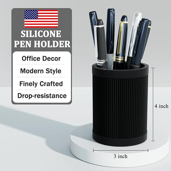 HighHerz Aesthetic Pen Holder For Desk, Modern Silicone Pencil Holder, Stylish Office Desk Decor, Made of 5 mm Thickened Premium Silicone, Office Desk Organizer And Accessories (Black)