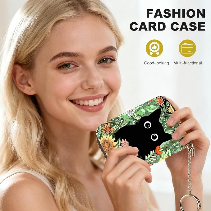 Credit Card Holder for Women,Small Rfid Wallet with Keychain Zipper,Cute PU Leather Card Case Wallet，Accordion Credit Card Wallets Gift,Flowers and Black Cat B