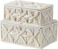 2PCS Decorative Boho Storage Baskets with Lid Bohemian Macrame Jewelry Box Handmade Natural Cotton Rope Woven Bins Memory Keepsake Makeup Organizer Container (Off White, 1 Large 1 Small)