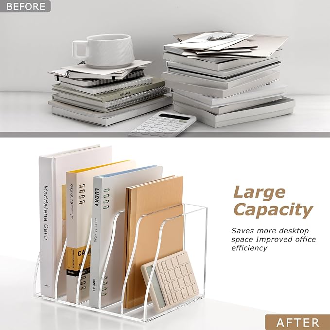 SANRUI Acrylic Magazine File Holder Desk Organizer, Clear 5 Vertical Compartments Workspace Document Sorter, Folder Rack Binder for Office Home Classroom Tablet, Books & Accessories Storage