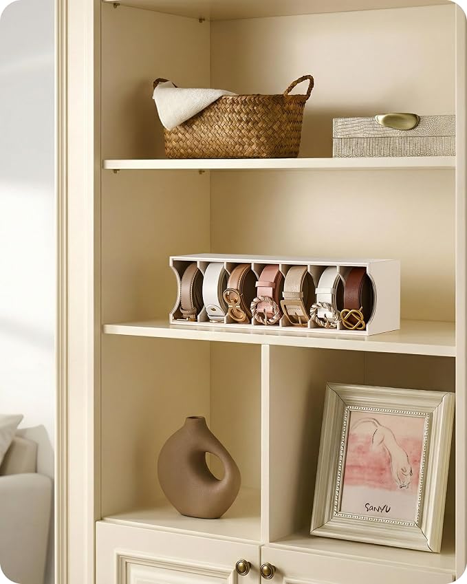 Lolalet Belt Organizer for Closet, Belt Box & Storage Drawer -Cream | PU Leather Belt Holder with 7 Extra-Wide Compartments, Soft Lining, Fits Entryway Cabinet, for Women, 1 Pack