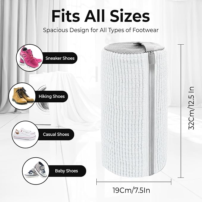 2PCS Shoe Washing Machine Bag with Pair of Shoes Tree and 4 Deodorizer Balls, Durable Zipper Reusable Shoe Washing Bag with 20000+ Fluffy Fiber Lining For 360° Cleaning for Sneakers