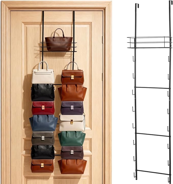 Over The Door Purse Organizer, Wall Mounted Purse Handbag Organizer – 16 Hooks & Metal Basket, Adjustable Multi-Layer Design, Space-Saving & No-Damage Hanging Storage Rack