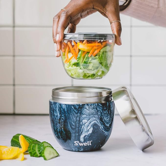 S'well 12821-H20-H64065 Stainless Steel Bowls - 21.5oz - Azurite Marble Eats - Triple-Layered Vacuum-Insulated Containers Keeps Food Cold for 11 Hours and Hot for 7 - Condensation/ Leak-Free
