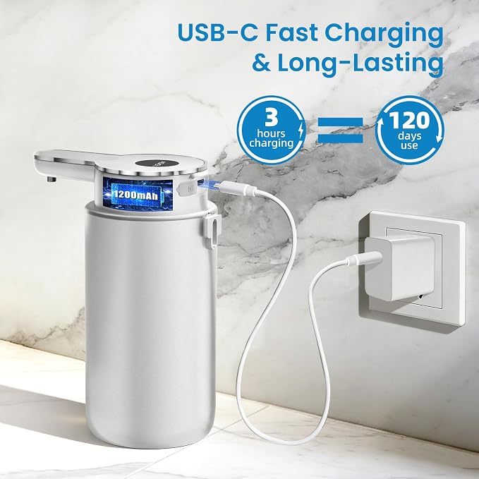Automatic Foaming Soap Dispenser Touchless, 15oz/420ml USB-C Rechargeable Hand Soap Dispenser, 6-Level Adjustable Foam, IPX5 Waterproof, Wall Mount or Countertop for Bathroom Kitchen, Silver