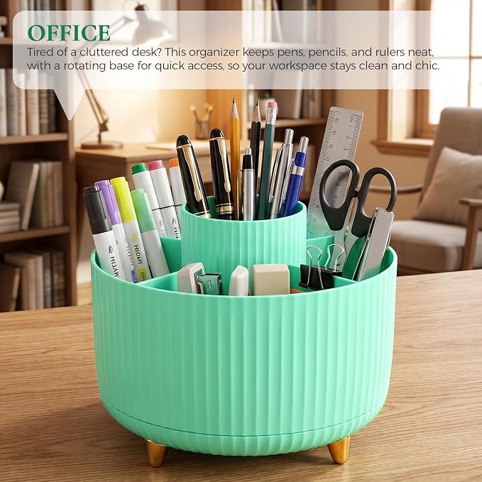 KONVINIT Pencil Pen Holder for Desk, 5 Slots 360-Degree Rotating Desktop Organizer, Cute Desk Organizers and Accessories for School, Home, Office and Art Supply, Mint Green