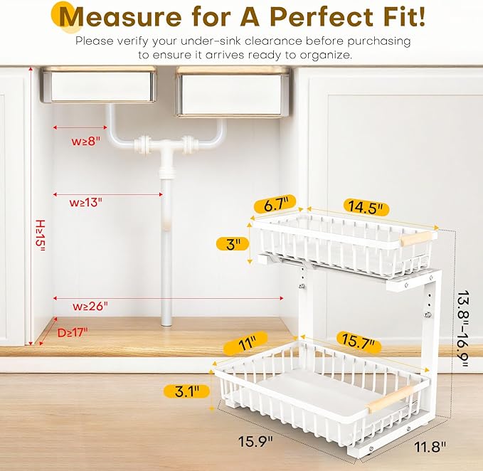 Under Sink Organizer, 2 Tier Pull Out Under-Sink Shelves, Adjustable Height (13.8" -16.9"), Sturdy Metal Storage Organizer for Bathroom Kitchen Pantry Cabinet (2 Packs, White)