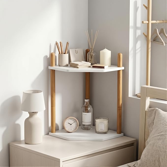 3-Tier Expandable Bamboo Corner Shelf - Dish/Plate Organizer for Cabinet, Kitchen Counter Shelf & Small Kitchen Shelf, Adjustable (11.4" H-White, 2-Tier)