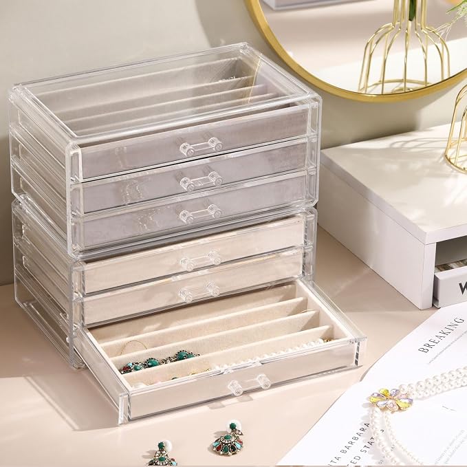 CLUQMEIK Necklace Organizer Box, Tray with Clear Lid, Dustproof Velvet Necklaces Holder Storage Display Case, Necklace Tray Drawer Insert for Pendant Suitable for Women and Girls (Grey)