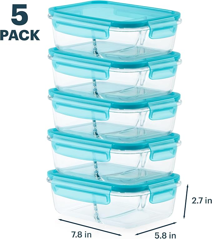 Pyrex Glass Meal Box (5-Pack, 4 Cup) Divided Compartments, Locking Lids | For meal prepping and portioning, BPA-Free, microwave & dishwasher safe