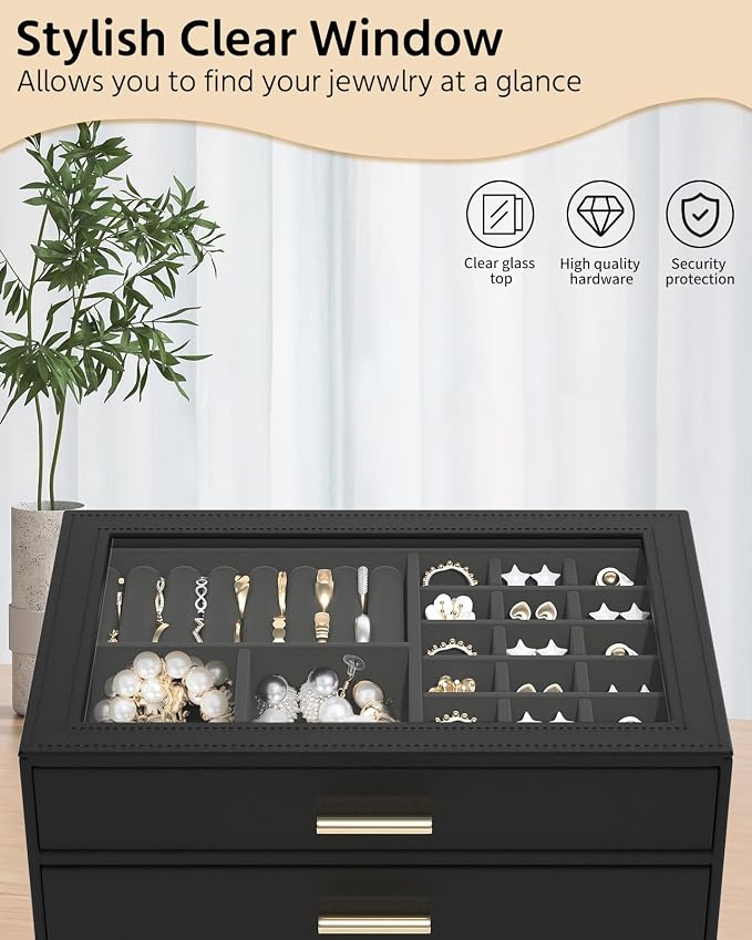 AKOZLIN Jewelry Box with Clear Lid Functional Leather Jewelry Storage Organizer Case 2 Drawers for Women Girls Necklace Ring Bracelet Earring