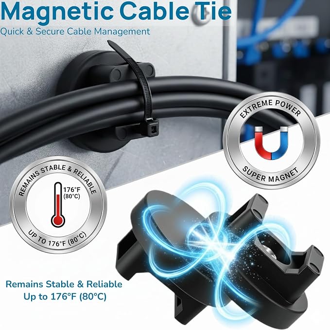 225-Pc Magnetic Cable Ties Set,Magnetic Zip Tie Mounts & Cable Ties | Magnetic Wire Holder, 25 Magnetic Cable Holders & 200 Zip Ties, Magnet Cable Tie Mounts for Cables, Wires, Cords, Hoses-31 mm