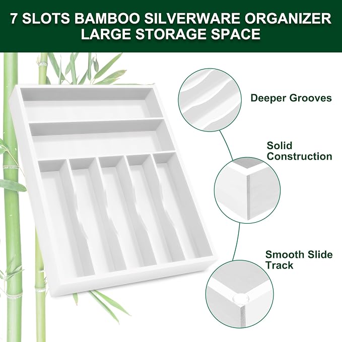 Bellsal White Utensil Organizer 12.5 Inch Silverware Tray for Drawer Utensil Holder Cutlery Organizer Kitchen Drawer Organizer 7 Compartment Small Narrow Bamboo | Natural Bamboo White, 7 Compartment, Durable, Small Narrow Organizer, Silverware Tray, Ut...