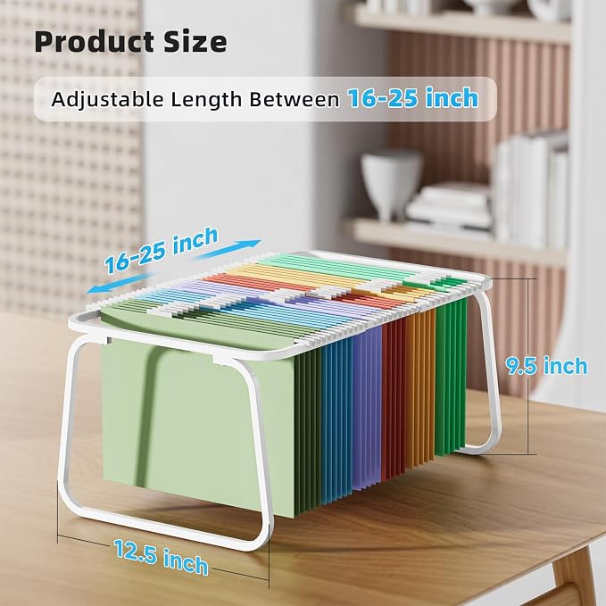 Marbrasse Hanging File Folder Frame, Adjustable Letter Size File Holder 16-25 Inches, Metal File Cabinet Rails for Office, Home, School, White