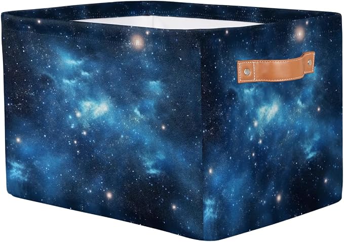 Rectangular Storage Baskets Blue Nebula Pattern Fabric Storage Bin Toy Organizer Box with PU Leather Handles for Room Decor