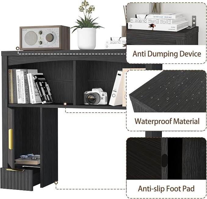Desk Hutch Shelf, Desktop Shelf Organizer 37 inch Wide Desktop Bookshelf 2-Tier Wood Hutch Bookcase Organizer with Drawer Dorm Table Shelves Desk Shelves Office Bookshelf with Storage-Black