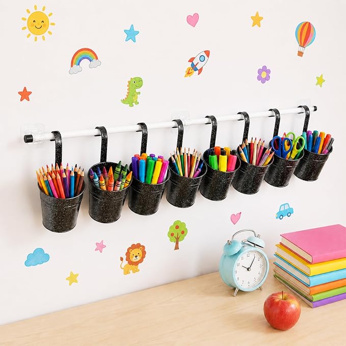 8 PCS Composition Metal Pencil Holder with Pipes Back to School Hanging Iron Small Pails Colors Crayon Organizer First Day of School Notebook Buckets Classroom Pencil Holder for Crafts Party Favors