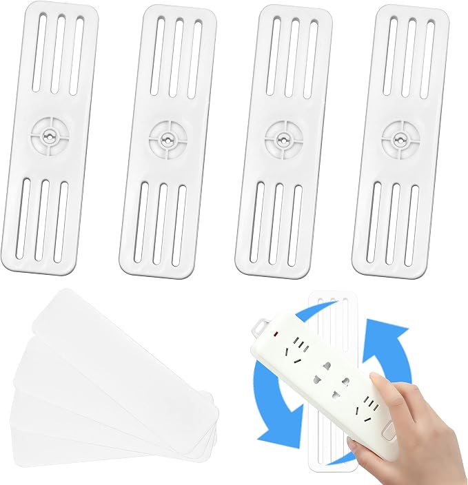 Self Adhesive Power Strip Holder 4 Pack - 360 Degree Rotation Wall Mount Fixator - Home, Kitchen, Office - Also for Remote Control, WiFi Router- Attaches to Wood, Plastic, Metal, Ceramic