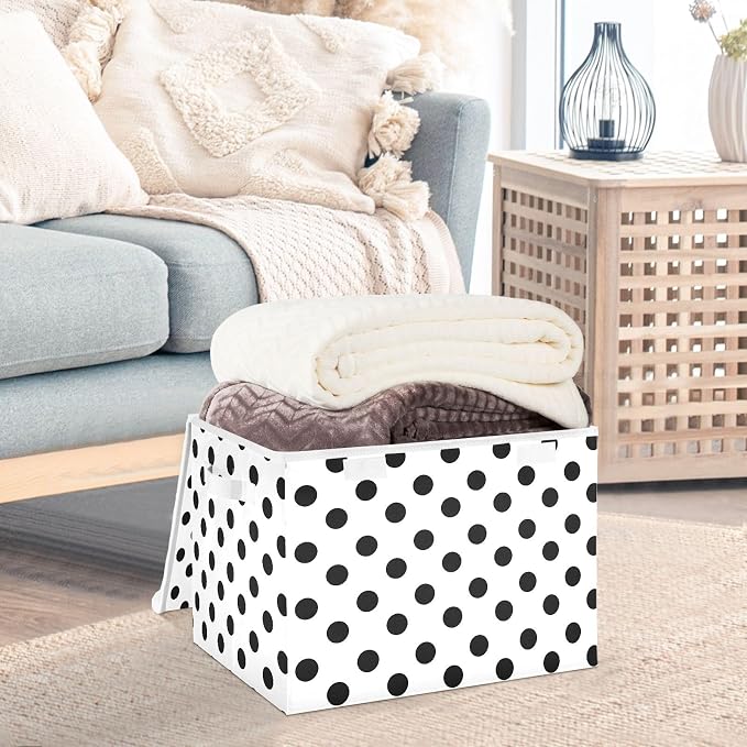 ALAZA Polka Dots Black White Storage Bins Organizer Box Baskets Lidded Clothes for Shelves Closet Collapsible Stackable Storage Cubes Handles