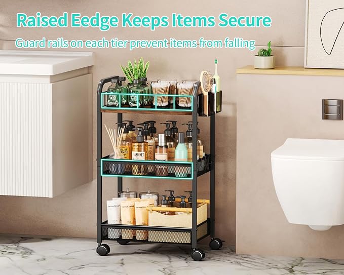 HapiRm 3 Tier Rolling Cart - Metal Utility Cart with Locking Wheels | Rolling Storage Cart Organizer with 2 Hanging Cup, 4 Hooks, Mesh Basket, Space-saver for Kitchen, Craft Art, Office, Bathroom