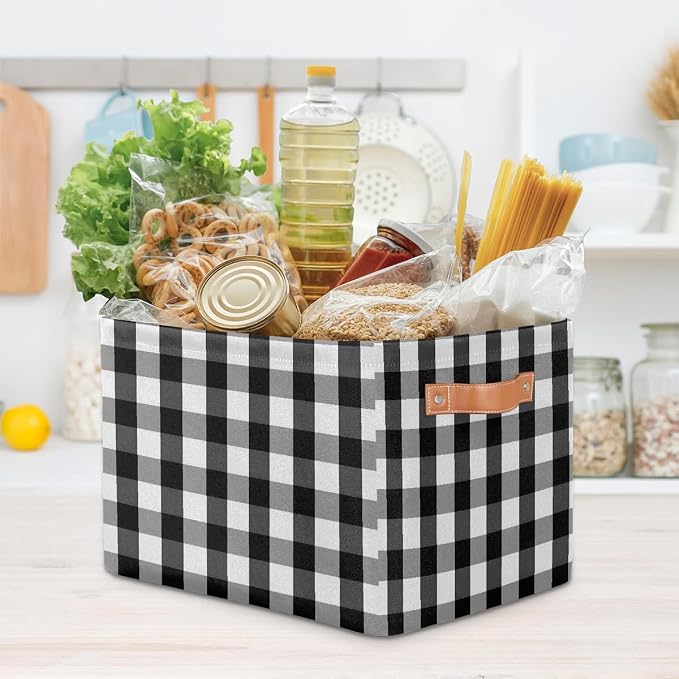 Rectangular Storage Bins Black White Gray Check Plaid Collapsible Fabric Storage Basket Organizer with Handles for Nursery Bedroom Bathroom