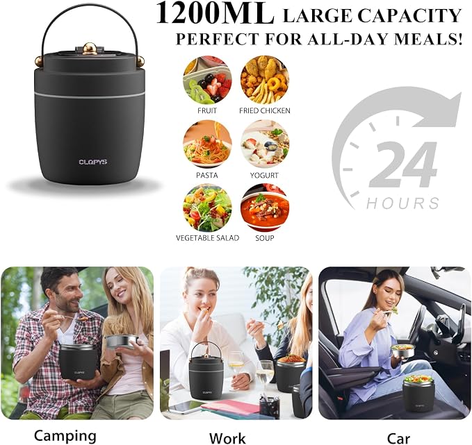 40oz Stainless Steel Vacuum Insulated Food Jar for Adults Wide Mouth Lunch Container with Spoon Fork and Carrying Bag Leak-Proof Soup Thermo Bento Box for Hot Food and Cold Food | Office, Travel Black
