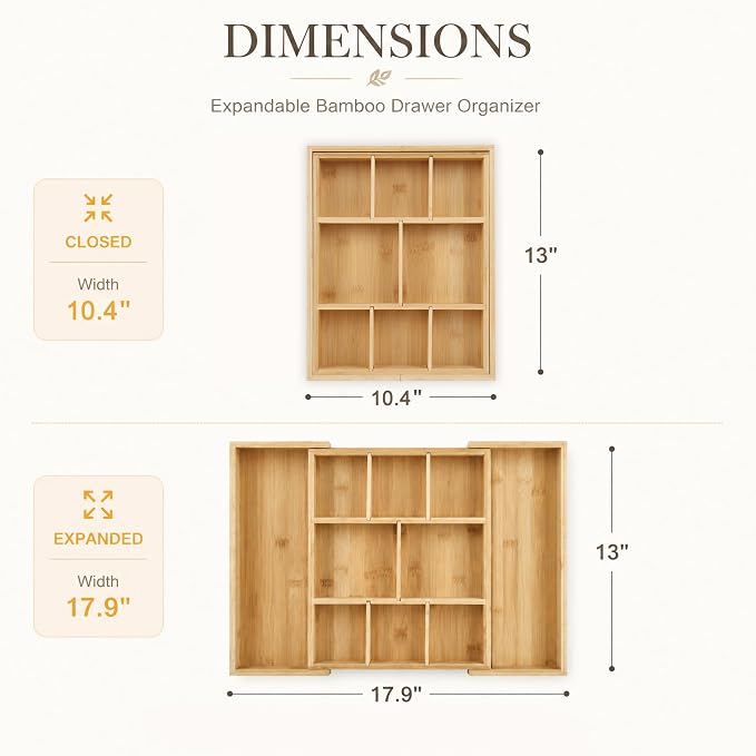 Bamboo Drawer Organizer Expandable Desk Storage Set, 10 Adjustable Compartment Junk Drawer Divider and Trays Containers for Kitchen Utensil, Office Supplies, Makeup, Jewelry & Cosmetics Organization