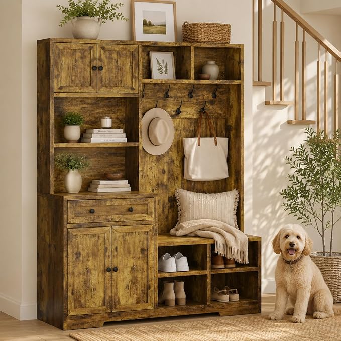 Einhomn 5-in-1 Hall Tree with Bench and Shoe Storage, 51" W Entryway Organizer Coat Rack with 9 Hooks, 4 Storage Cabinets, Drawer, Open Cubbies for Mudroom, Hallway, Living Room, Rustic Brown