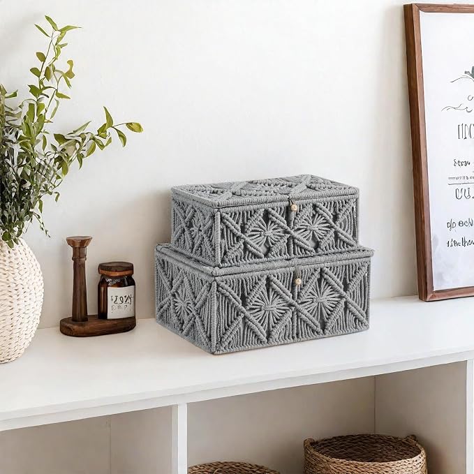 2PCS Decorative Boho Storage Baskets with Lid Bohemian Macrame Jewelry Box Handmade Natural Cotton Rope Woven Bins Memory Keepsake Photo Makeup Organizer Container (Gray, 1 Large 1 Small)