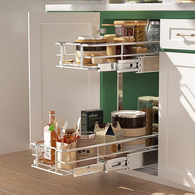 LOVMOR 2 Tier 5½" W x 21½" D, Individual Pull Organizer Kitchen Cabinet Storage Sliding Shelves