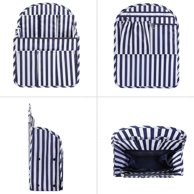 Surblue Backpack Organizer Insert Liner Hanging Travel Rucksack Purse and Handbag Insert Pocket, High-capacity Divider Foldable Nylon Shoulder Bag Organizer for Men and Women, (NavyStripes, L)