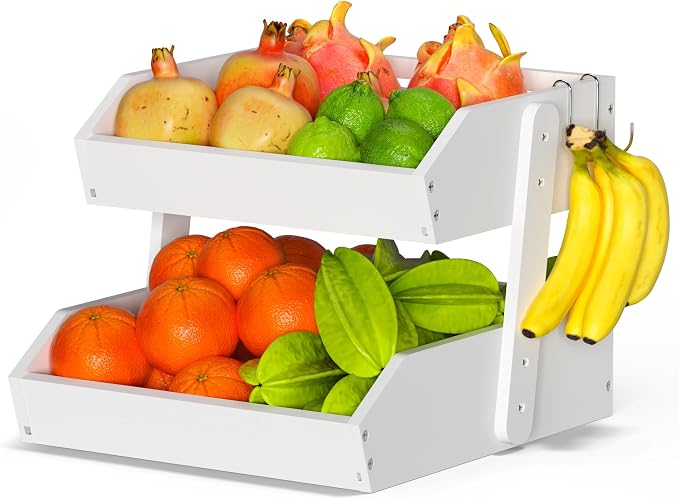Gmtsl Bamboo Fruit Basket for Kitchen, Fruit Holder for Kitchen Countertop | 2 Tier Fruit bowl for Kitchen Counter, Fruit Stand, Vegetable Basket Storage, Produce Organizer, Bread Snack Display(White)