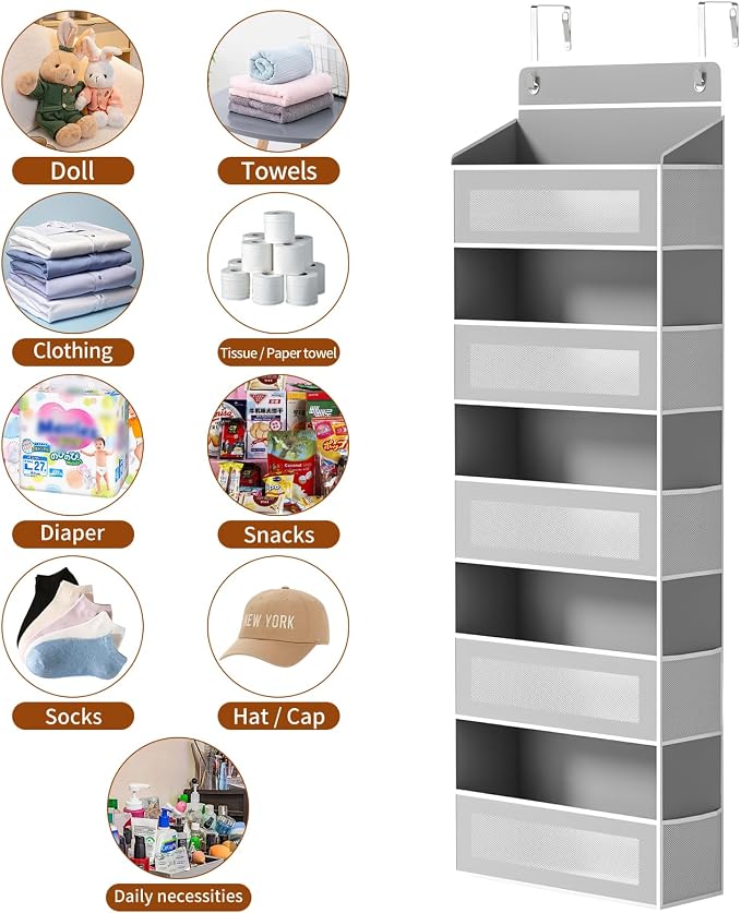 AQOOA 5-Tier Over The Door Organizer, Over the Door Storage 5 Large 10 Side Pockets 44 lbs Load Behind Door Storage, Closet Door Organizer Hanging Shelf for Bathroom Bedroom Nursery, Grey