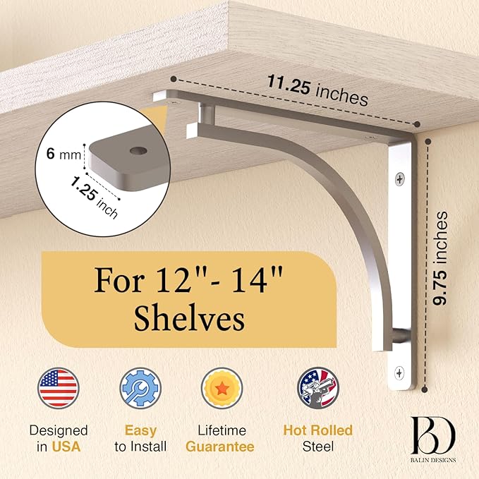Classic Silver Heavy Duty Shelf Brackets 12 inch by Balin Designs – Chrome L Bracket, Wall Mounted Support, Shelving Metal Bracket, Decorative Shelf Brackets, with Hardware Included, Set of 2